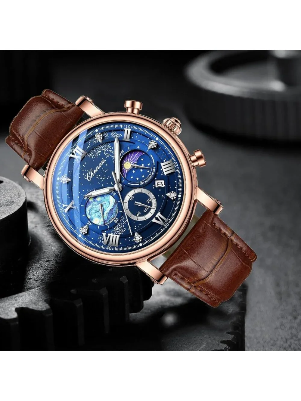 Men's Brown Multifunctional Military Leather Sports Analog Chronograph Watch